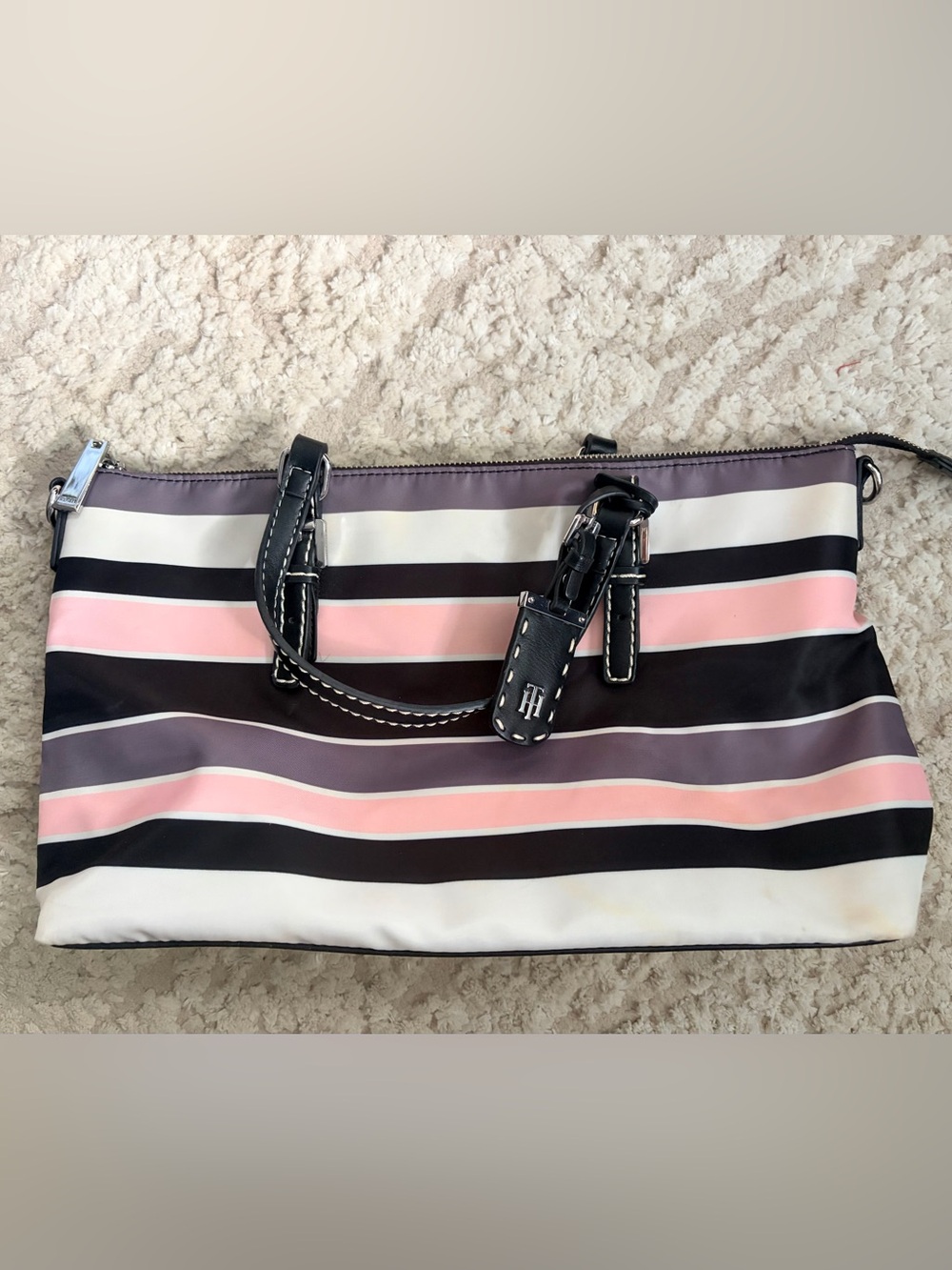 Tommy Hilfiger Pink, Black, White & Purple Striped Medium Tote